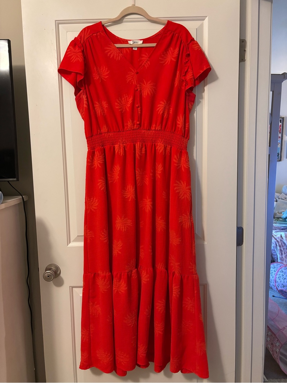 Red-Orange Palm-Print Smocked-Waist Maxi Dress